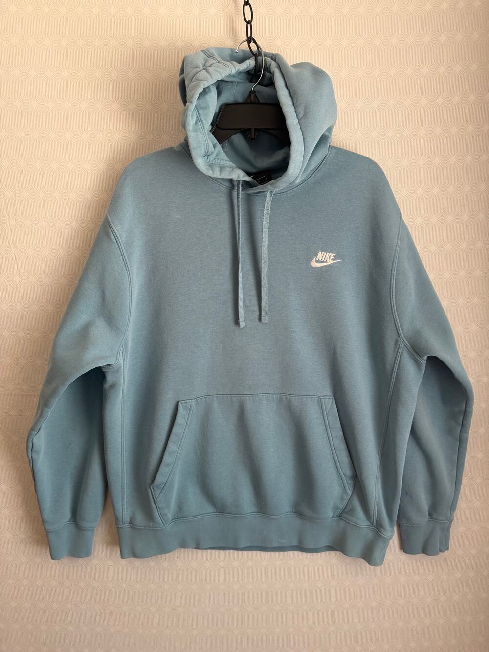 Nike Club Fleece Hoodie Size L Light Blue Pullover Swoosh Logo Sweatshirt